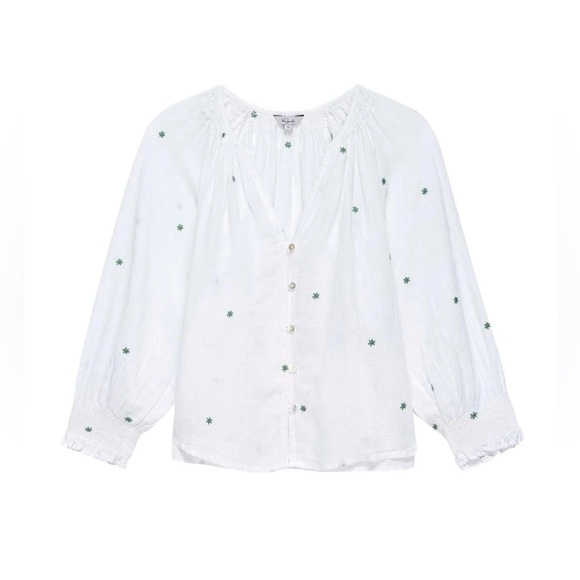 Rails Mariah Linen Embroidered Green Daisy Button Top - Picture 2 of 9